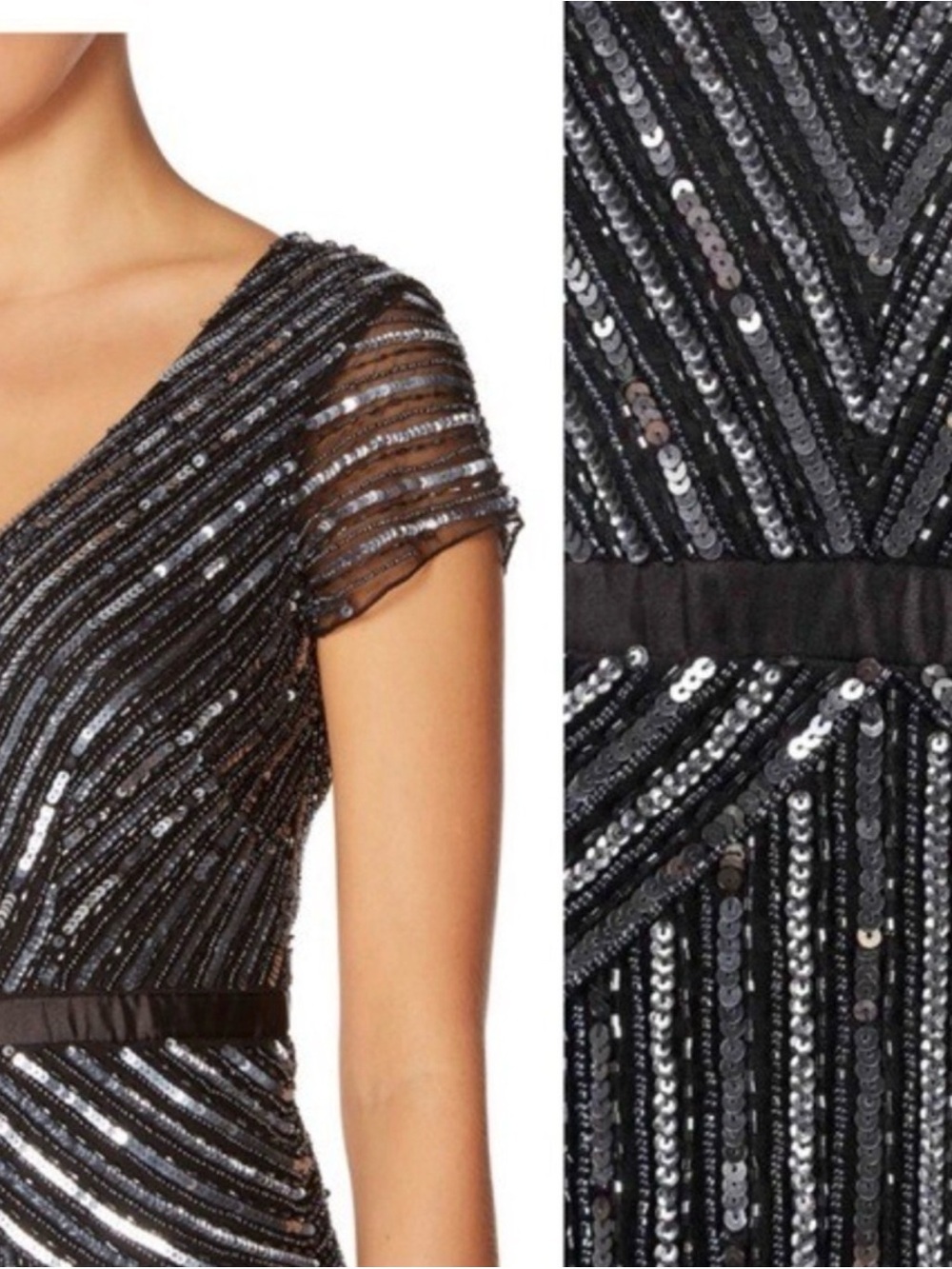 Adrianna Papell Gunmetal / Black Beaded V-Sparkling Sequin v Neck Evening Sz 16 - Picture 3 of 11